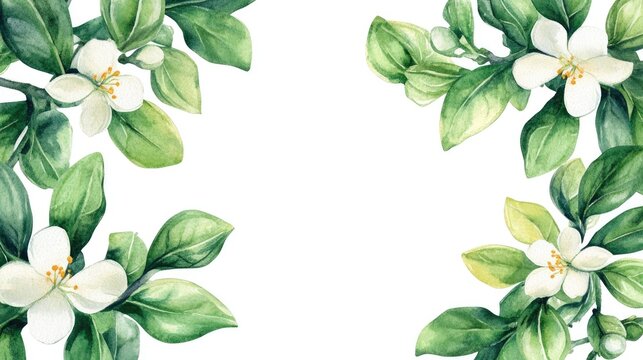 Watercolor decorative frame featuring verdant bergamot branches adorned with white flowers and green leaves Hand painted for wedding invitations save the date announcements or card designs Flouris