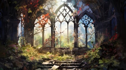 Obraz premium Abandoned church, shattered stained glass, creeping vines