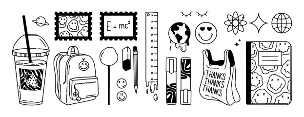 Back to School Y2K vector collection. Vintage 2000s doodle elements for sticker pack. Hand Drawn milkshake, notebook, backpack, ruler, plastic bag, globe, pencil, eraser, lollipop, highlighter