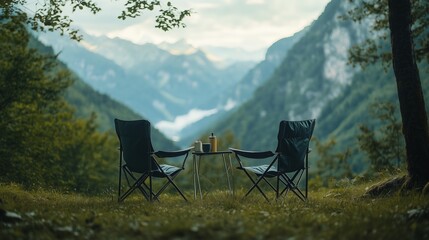 Two camping chairs and a table overlooking a valley during dusk in a mountainous region