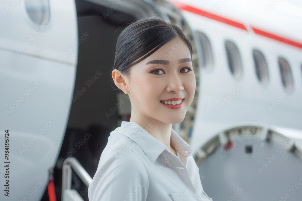 Poster a flight attendant stands near the airplane entrance, smiling and ready to assist passengers as they