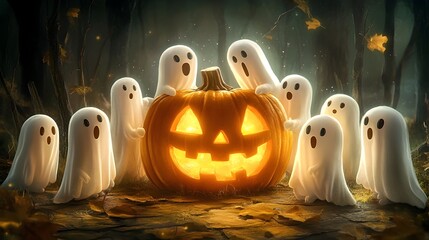 Playful Cartoon Ghosts Gather Around Oversized Jack o  Lantern in Spooky Digital