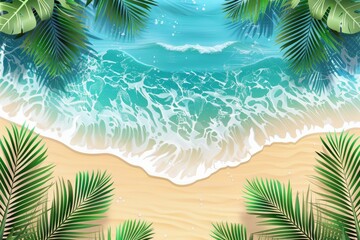 Majestic beach with ocean and palm leaves, empty area for advertising text
