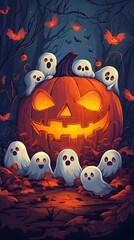 Whimsical Cluster of Cheerful Ghost Figures Hiding Behind Intricately Detailed Pumpkin