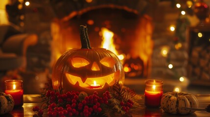 Smiling jack-o-lantern with glowing candlestick, surrounded by candles, and warm fireplace 