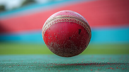 A close up of red cricket ball resting on green surface, showcasing its worn texture and details. image evokes sense of anticipation and excitement for game.