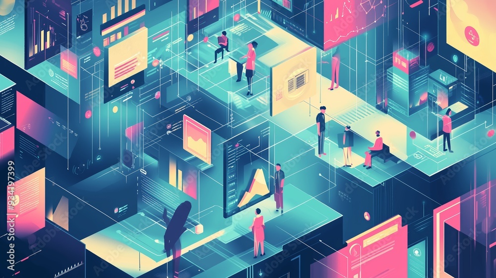 Poster digital workspace filled with data visualization and analytics, featuring people interacting with te