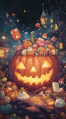 Obraz premium Enchanting Halloween Pumpkin Brimming with Sugary Delights in Whimsical Storybook Inspired