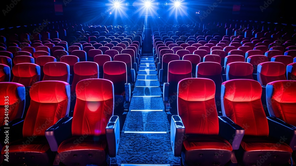 Poster empty red seats in a dark movie theater