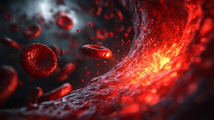 Red blood cells flow through vibrant, dynamic environment, creating sense of movement and vitality. image evokes feeling of life and energy within bloodstream.