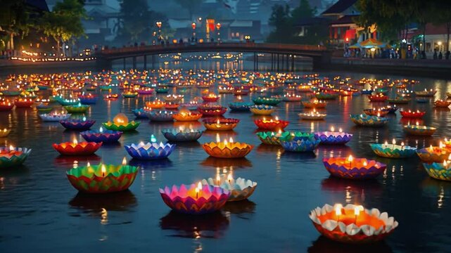 Colorful paper lanterns shaped as water lilies floating on a river during loy krathong festival in thailand