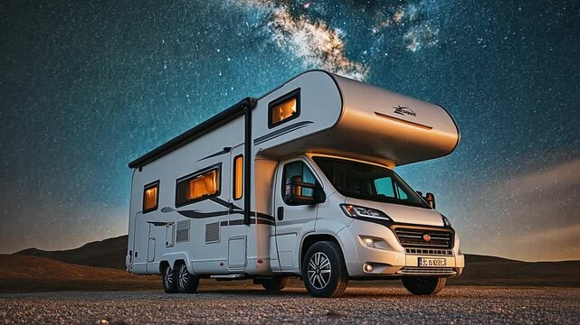 Camper van parked under a starry night sky enjoying the outdoors