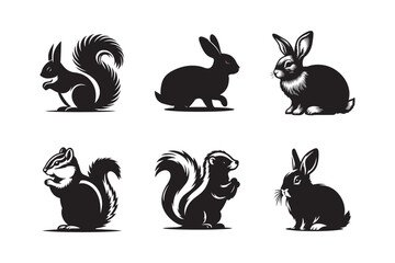 Black side silhouette of a rabbit sets isolated on white and black background.