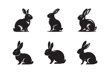 Black side silhouette of a rabbit sets isolated on white and black background.