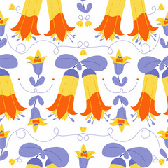 Vector Yellow orange native fuchsia Correa flowers seamless pattern. Vintage summer Floral background for print, fabric, tablecloth, wrapping paper, wallpaper, textile, cover