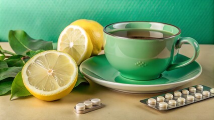 Citrus Cure. A green cup of tea with a saucer, a sliced lemon, and blister packs of pills on a table.