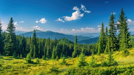 Magnificent panoramic view the coniferous forest on the mighty Carpathians Mountains and beautiful blue sky background. Beauty of wild virgin Ukrainian nature. Peacefulness , ai