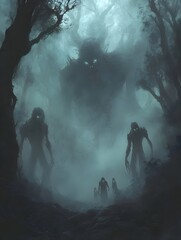 Haunting Mist Shrouded Ancient Forest with Emerging Tree Monsters in Eerie Fantasy Surrealism