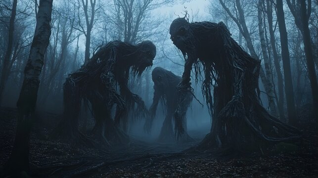 Mysterious Haunted Forest with Enigmatic Tree like Entities Shrouded in Cinematic Horror Atmosphere