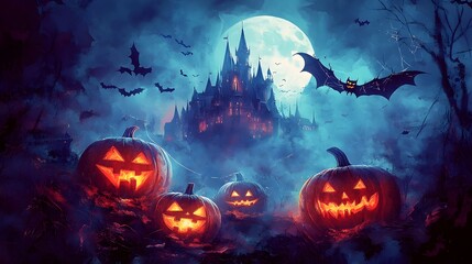 Haunting Halloween Scene with Carved Pumpkins Bats and Mysterious Castle in Moody Expressionist