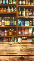 Wooden Table Top With Blurred Background Of Grocery Store Shelves