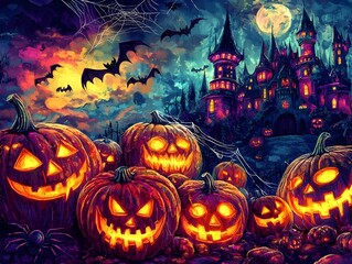 Enchantingly Eerie Halloween Scene with Carved Pumpkins Bats and a Haunted Castle