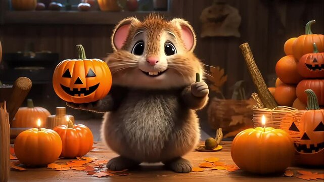 A playful mouse dressed in a Halloween costume, holding a jack-o-lantern, set in a festive and cozy environment.
