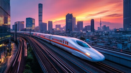 High speed train blazes through the neon-lit abstract futuristic background, aerodynamic curves reflecting the glowing hues of the neon lights. Futuristic Sci-fi bullet train concept.