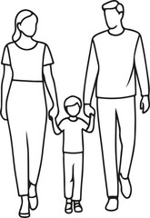 Three members of a family silhouette vector line art , isolated white background.