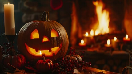 Naklejka premium Smiling jack-o-lantern with glowing candlestick, surrounded by candles, and warm fireplace 