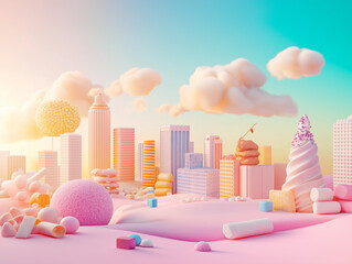 A colorful pastel city made of delicious, tasty sweets and candies. The dreamlike scene features sugar wool, pink, and blue marshmallows in a 3D design. Generative AI.