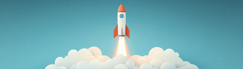 Fototapeta premium Rocket launching into sky, surrounded by clouds, symbolizes adventure and exploration. vibrant colors evoke excitement and inspiration.