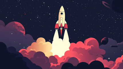 Rocket launching into space amidst colorful clouds and stars, evoking sense of adventure and exploration.