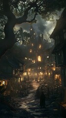 Enigmatic Creatures Gather for Ancient Arcane Rites in a Shadowy Hyper Detailed Digital Town