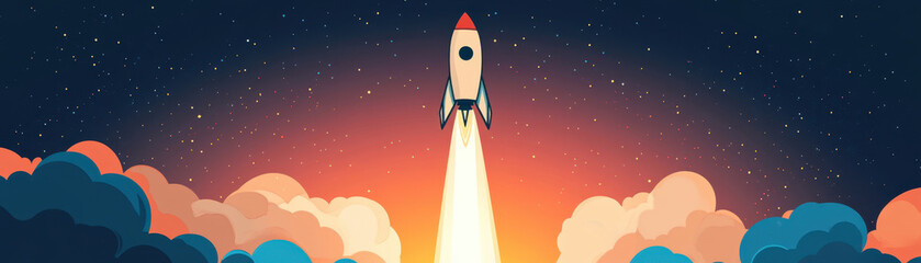 Rocket launching into space, surrounded by colorful clouds and starry sky, evokes sense of adventure and exploration.