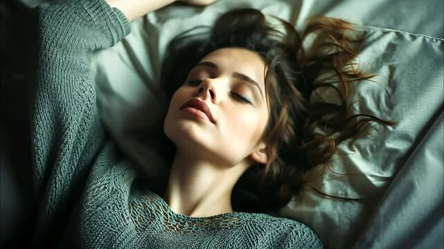 A young woman lies asleep with her hair spread out on the pillow, as she experiences a terrible dream, her face subtly reflecting unease and tension.

