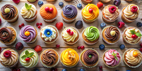 Obraz premium A delicious knolling of bright cupcakes. A pleasant surprise for those with a sweet tooth. Cupcake Day. A proven way to lift your spirits.