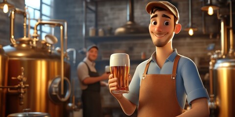 3D cartoon young man brewer in apron holding glass of beer in brew house with man in background
