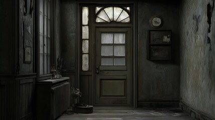 A vintage hallway with a wooden door, a clock on the wall, and a small table with a vase of flowers.
