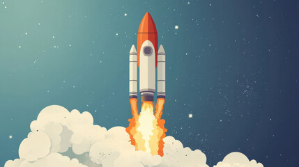 Obraz premium Rocket launching into space with vibrant flames and clouds, symbolizing adventure and exploration.