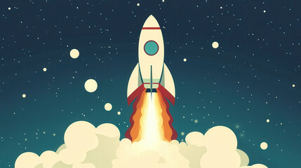 Rocket launching into space, surrounded by clouds and stars, evokes sense of adventure and exploration.