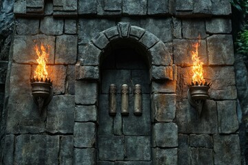 Historical castle walls with torch. Ancient old civilization building wall at midnight