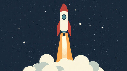 Rocket launching into space, surrounded by clouds and stars, symbolizes adventure and exploration.