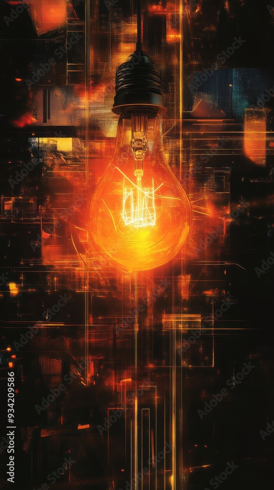 Poster Glowing light bulb with abstract futuristic background, concept of innovation and technology