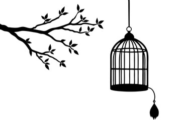 Bird Cage Hanging on Tree Vector Illustration