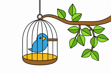 Bird Cage Hanging on Tree Vector Illustration