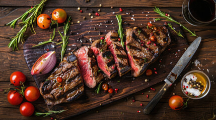 Photograph of grilled steak well seasoned on wooden board. restaurant.