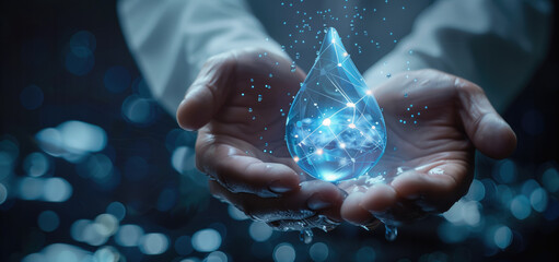 Hands holding a glowing, futuristic water droplet with digital network pattern in a dark background. Concepts of technology, innovation, and water conservation.