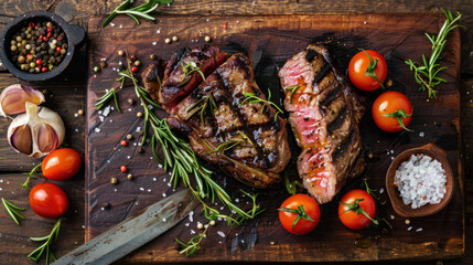 Photograph of grilled steak well seasoned on wooden board. restaurant.