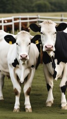 Two cows stand calmly in a grassy field with fencing one predominantly black and white the other mostly white with darker markings.